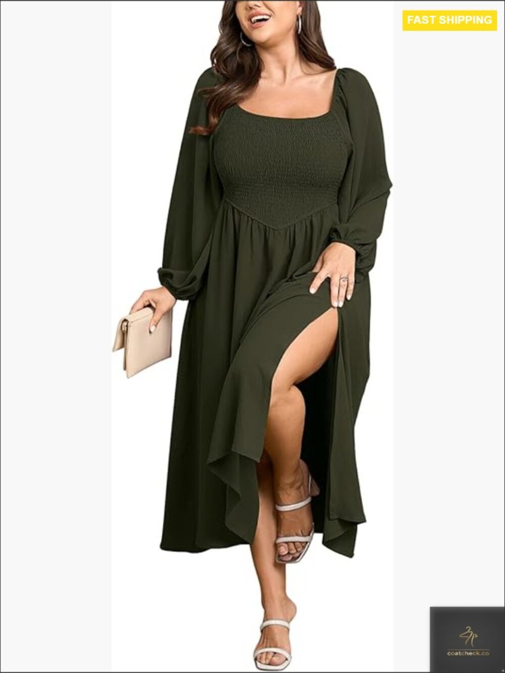 Long Sleeve Square Neck Smocked A-Line Maxi Dress Formal Wedding Guest Elegant